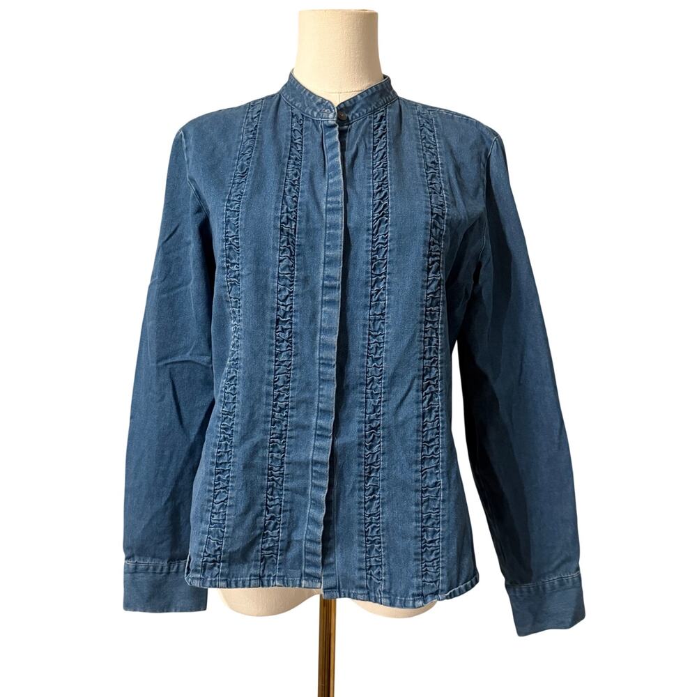 Vinrage Talbot Denim Ruffle Mandarin Collar Button Down Shirt Blue Medium Petite